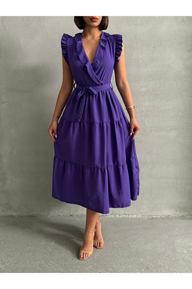 Women's Purple Flounce Double Breasted Collar Dress