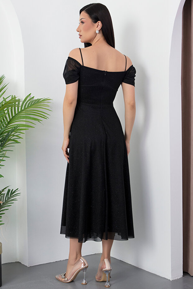 Kare Yaka Askılı Simli Tül Elbise 39976 - 7