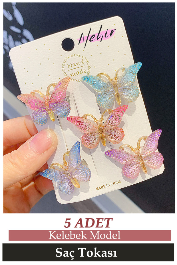 5-Piece Pink Blue Gradient Girl's Butterfly Hairpin Set - Padding Winged Butterfly Mini Clamp Hair Clip