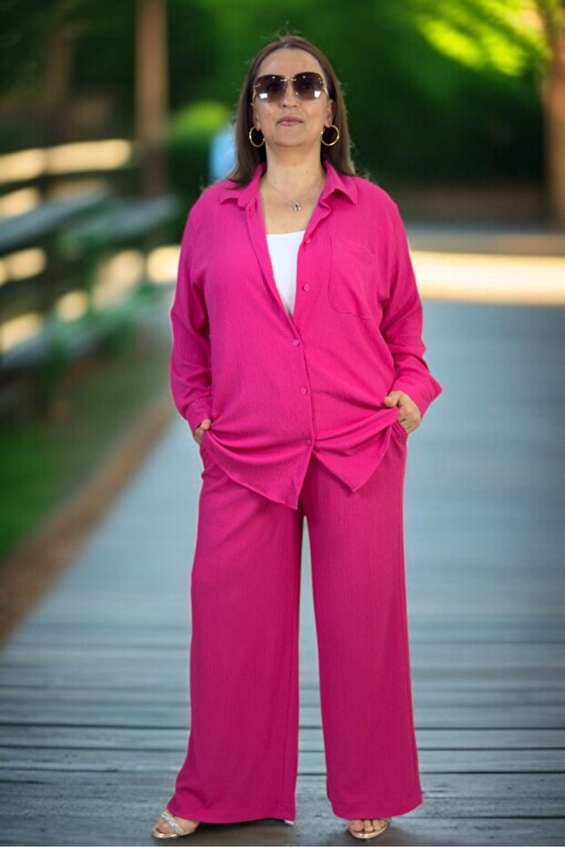 Front Buttoned Tunic Shirt Waist Elasticized Pocketed Pants Large Size Wrap Around Double Set