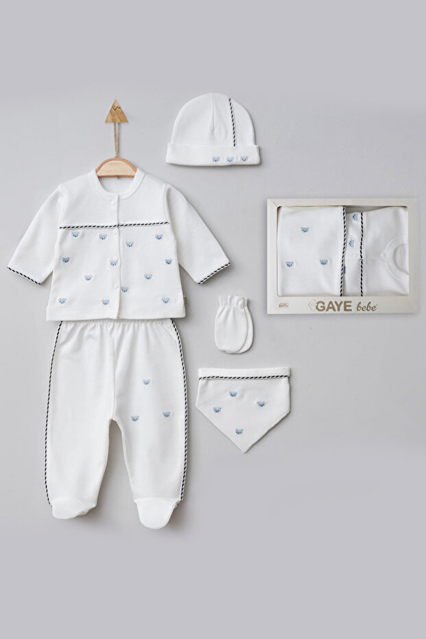 Cute Teddy Bear Embroidered 5 Piece Soft Cotton Fabric Bodysuit Set Baby Boy Hospital Release