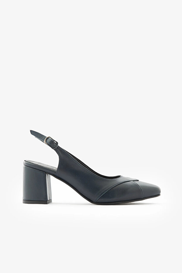 Navy Blue Genuine Leather Open Back Block Heeled Women's Shoes