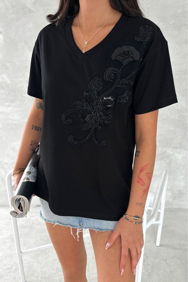 Women's Black V-Neck Sequin and Embroidery 100% Cotton T-shirt