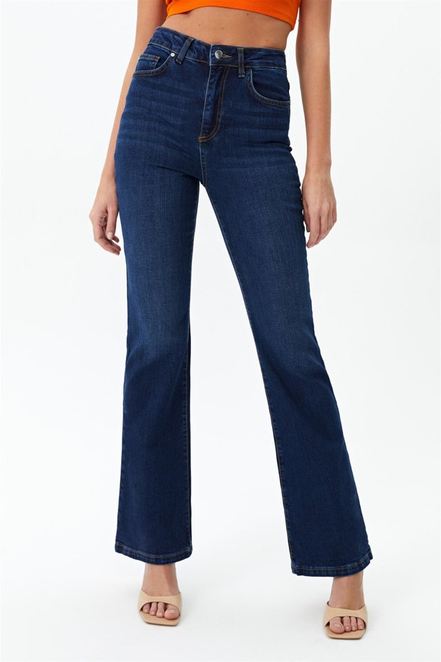 Women's Navy Blue Super High Waist Lycra Flare Spanish Leg Jeans Pantalon