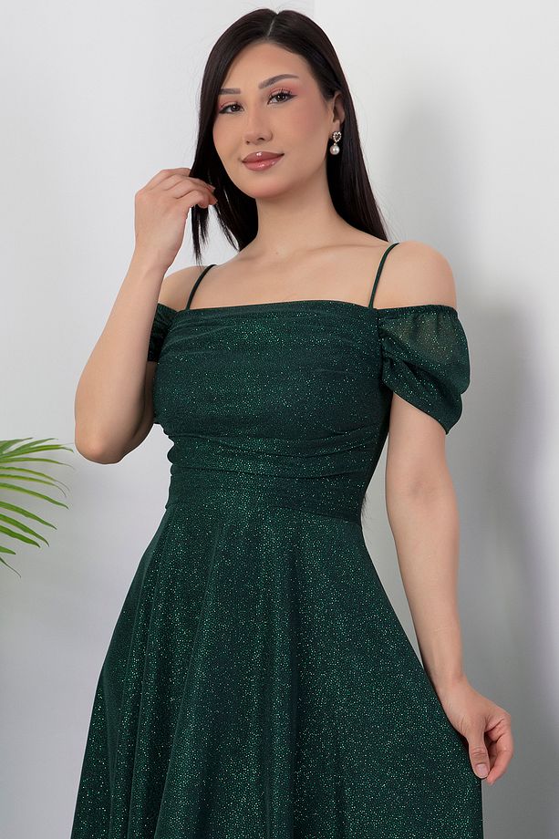 Kare Yaka Askılı Simli Tül Elbise 39976 - 2