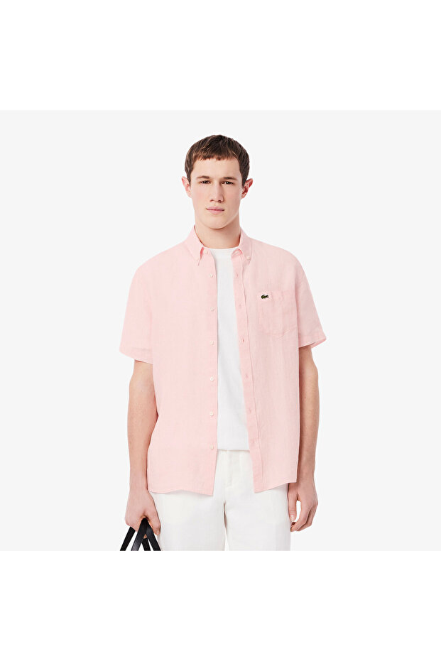 Erkek Regular Fit Kısa Kollu Düğmeli Yaka Keten Açık Pembe Gömlek - 1