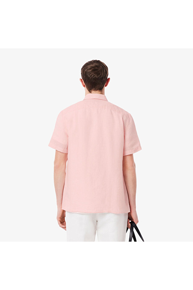 Erkek Regular Fit Kısa Kollu Düğmeli Yaka Keten Açık Pembe Gömlek - 3
