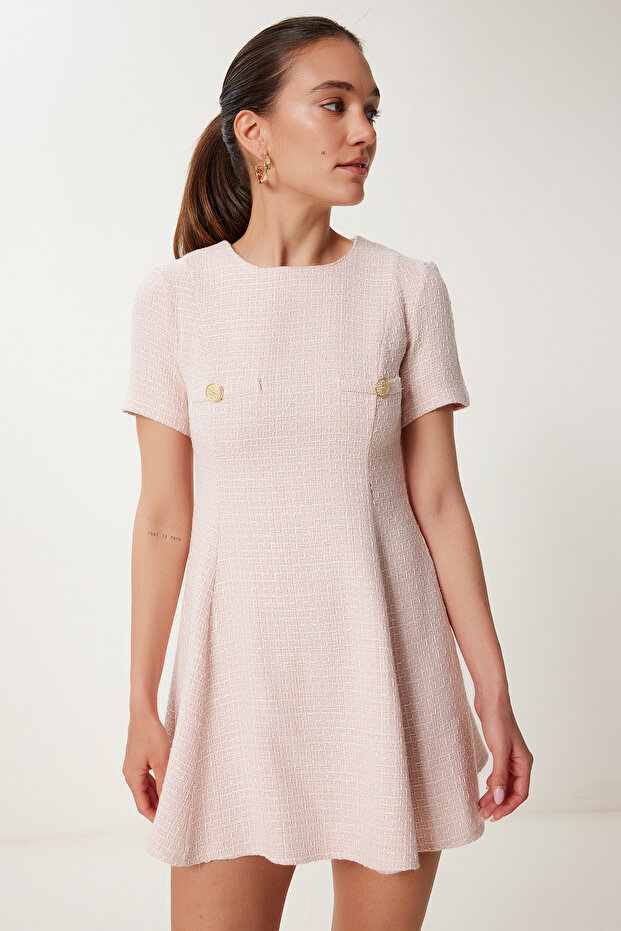 Button Detailed Mini Flared Tweed Dress Pink Lus0106