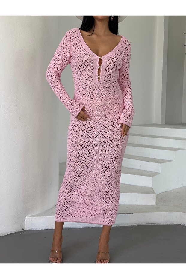 Kadın V Yaka Ajurlu Elbise - 4