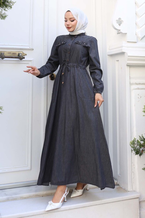 Denim Dress with Stone Detailed Pockets Black 6768