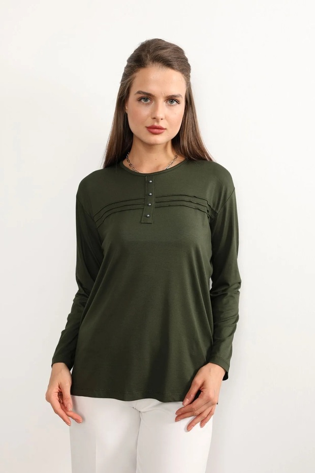 Lifera Pearl Detailed Combed Cotton Mother Blouse, Large Size