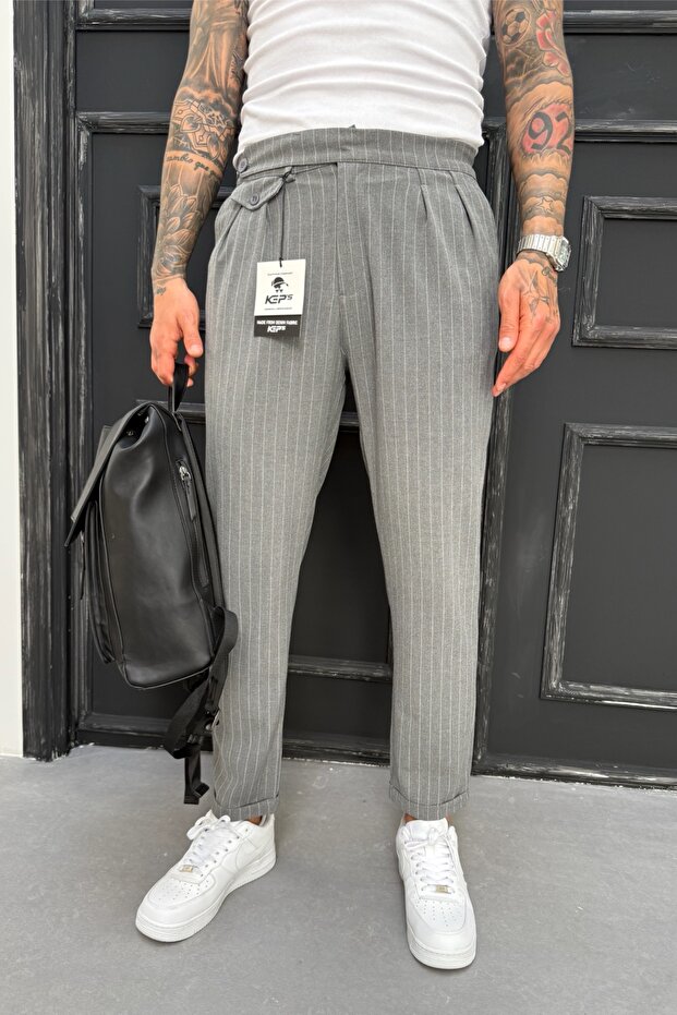Men's Boyfriend Mold Double Leg Pleated Gray Fabric Trousers Ke-1025