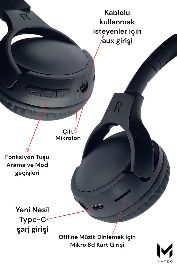 Kablosuz Bluetooth Kulaklık | Extra Bass | Mikro SD | Type-C Şarjlı - 5