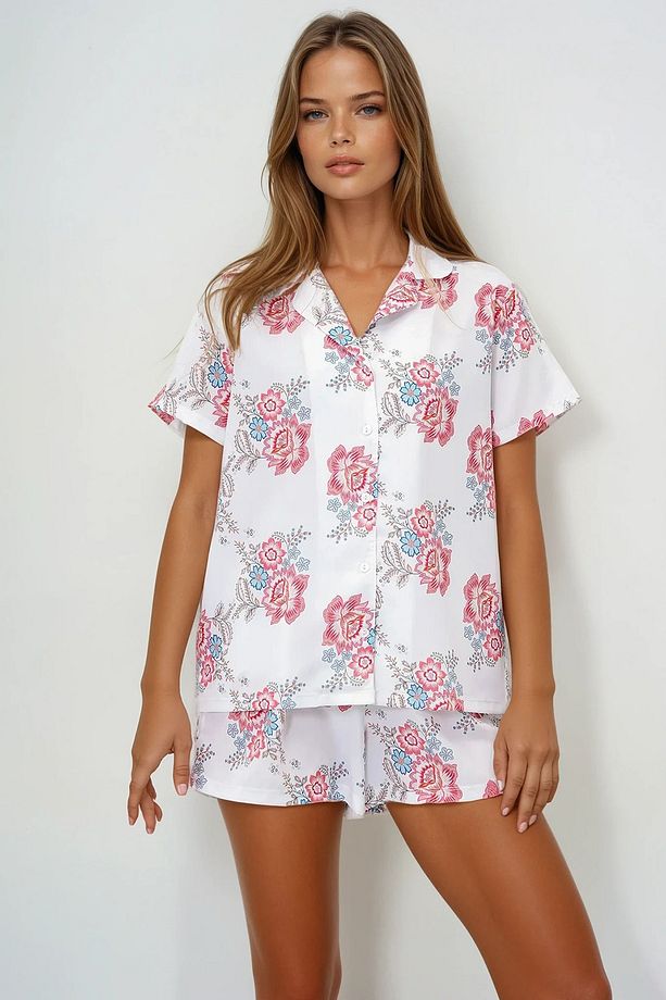 Kadın Ekru Desenli Önü Düğmeli Dokuma Gömlek Ve Şort Pijama Takım Pjmx13890 - 3