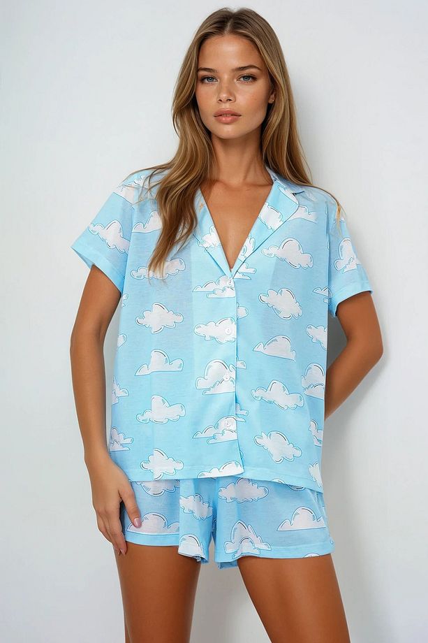 Kadın Mavi Bulut Desenli Örme Pamuklu Gömlek Ve Şort Pijama Takımı Pjmx13887 - 1