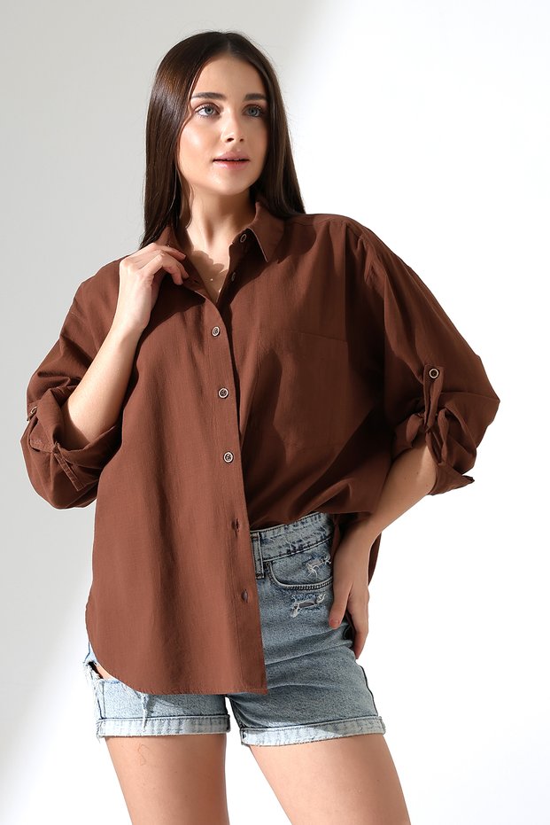 New Season Oversize Pattern Linen Fabric Applique Women's Shirt with Pockets and Epaulettes