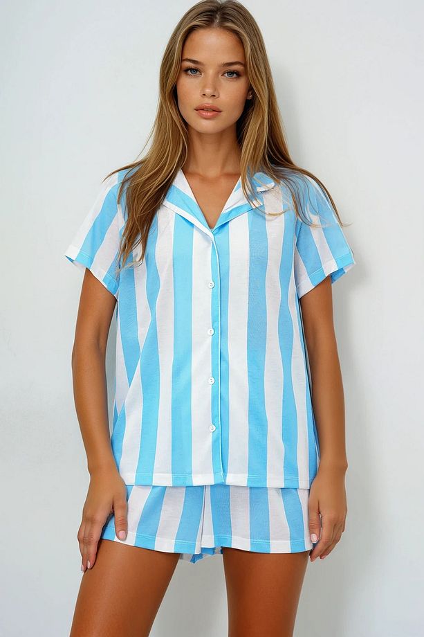 Kadın Mavi Şerit Desenli Örme Pamuklu Gömlek Ve Şort Pijama Takımı Pjmx13885 - 3