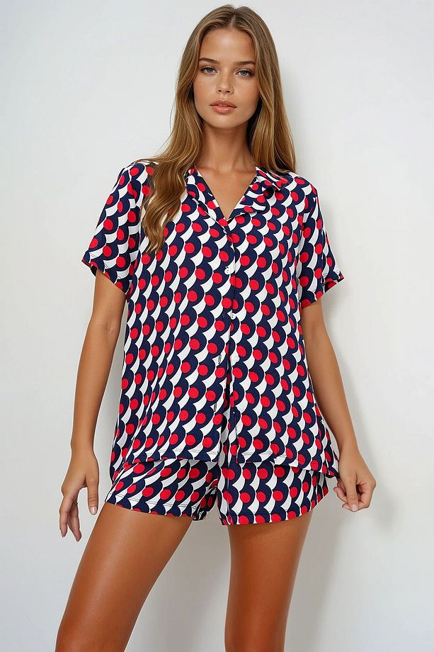 Kadın Lacivert Geometrik Desenli Önü Düğmeli Dokuma Gömlek Ve Şort Pijama Takım Pjmx13889 - 2