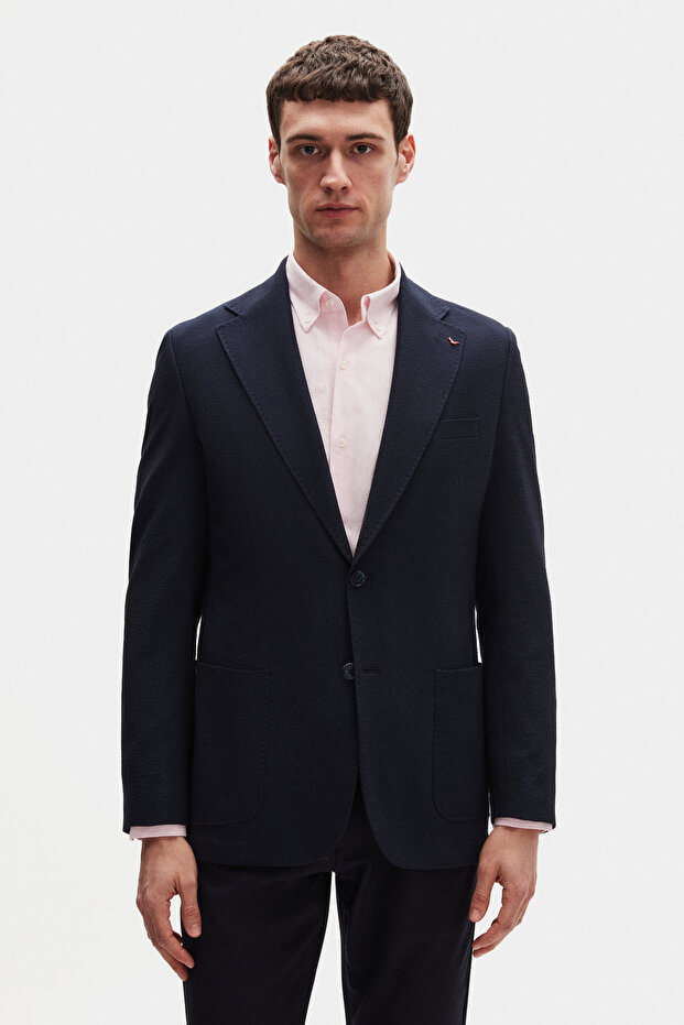 Ds Damat Regular Fit Navy Blue Plain Fabric Jacket