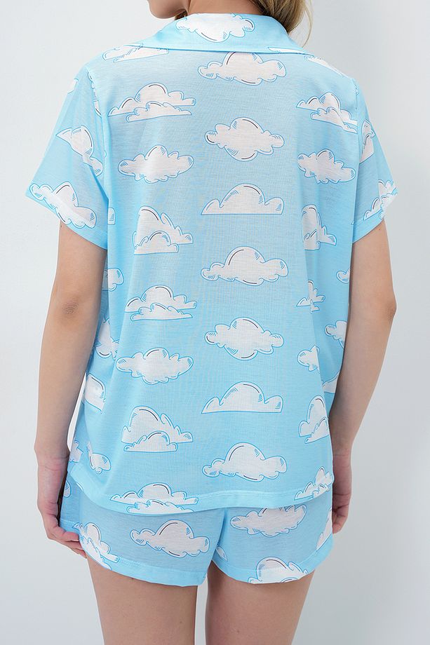 Kadın Mavi Bulut Desenli Örme Pamuklu Gömlek Ve Şort Pijama Takımı Pjmx13887 - 5