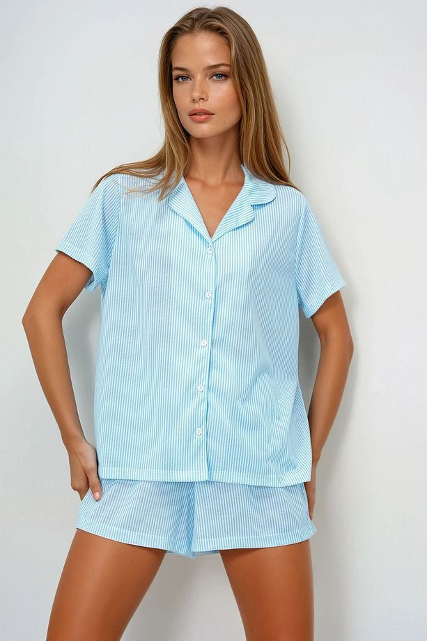 Kadın Mavi Çizgi Desenli Örme Pamuklu Gömlek Ve Şort Pijama Takımı Pjmx13884 - 3