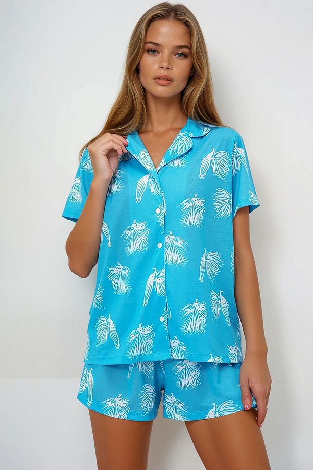 Kadın Mavi Çiçek Desenli Örme Pamuklu Gömlek Ve Şort Pijama Takımı Pjmx13886 - 1