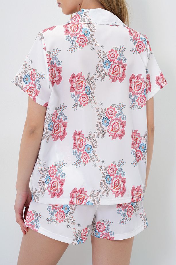 Kadın Ekru Desenli Önü Düğmeli Dokuma Gömlek Ve Şort Pijama Takım Pjmx13890 - 5