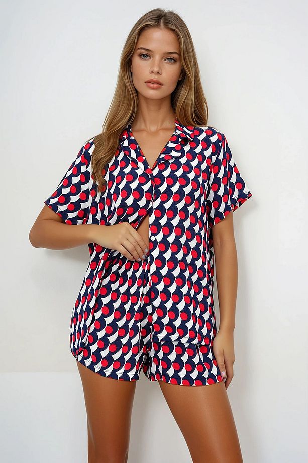 Kadın Lacivert Geometrik Desenli Önü Düğmeli Dokuma Gömlek Ve Şort Pijama Takım Pjmx13889 - 1