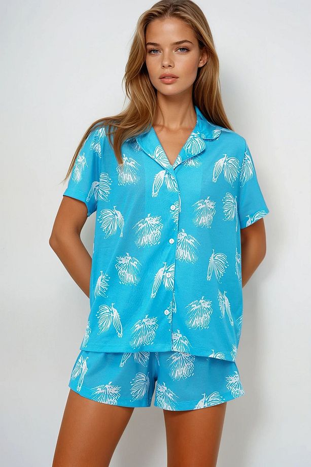 Kadın Mavi Çiçek Desenli Örme Pamuklu Gömlek Ve Şort Pijama Takımı Pjmx13886 - 3