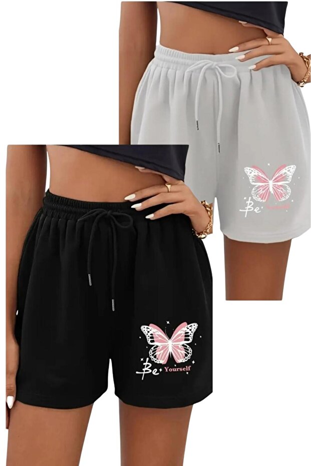 Women's 2-Piece Classic Butterfly Printed Combed Cotton Shorts Gray-Black