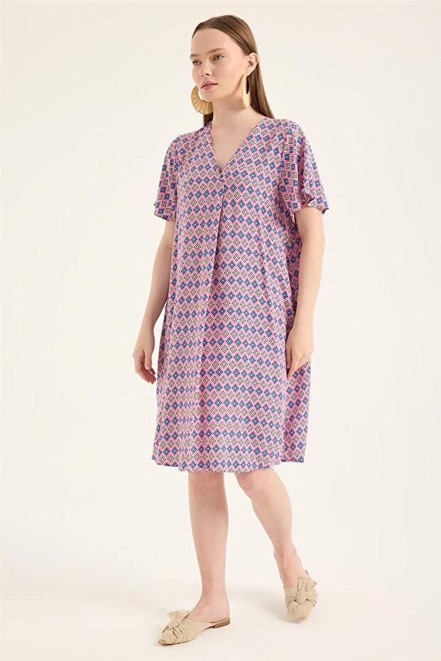 فستان منقوش مربع بياقة V - 2