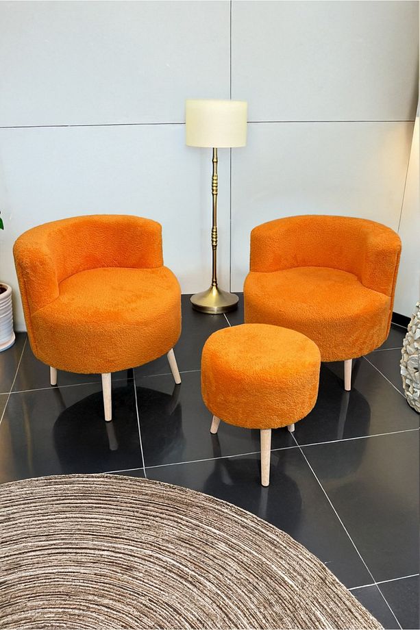 Çay Seti Tekli Koltuk Berjer Ve Turuncu Puf Takımı (salon, Balkon, Ofis) 3 Lü Takım - 1