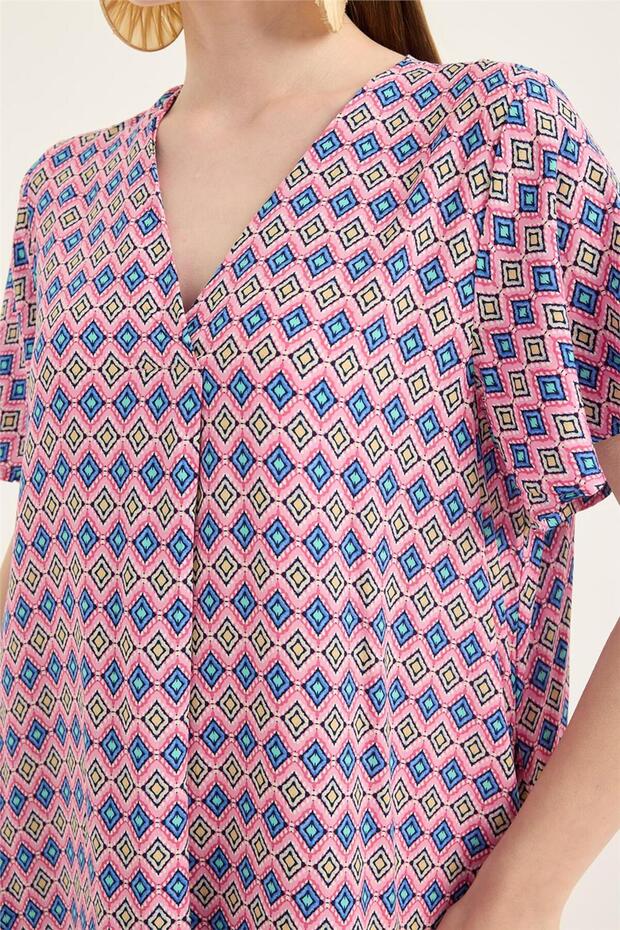 فستان منقوش مربع بياقة V - 4