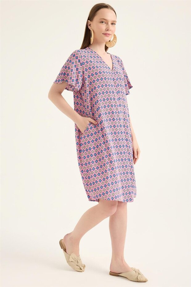 فستان منقوش مربع بياقة V - 3