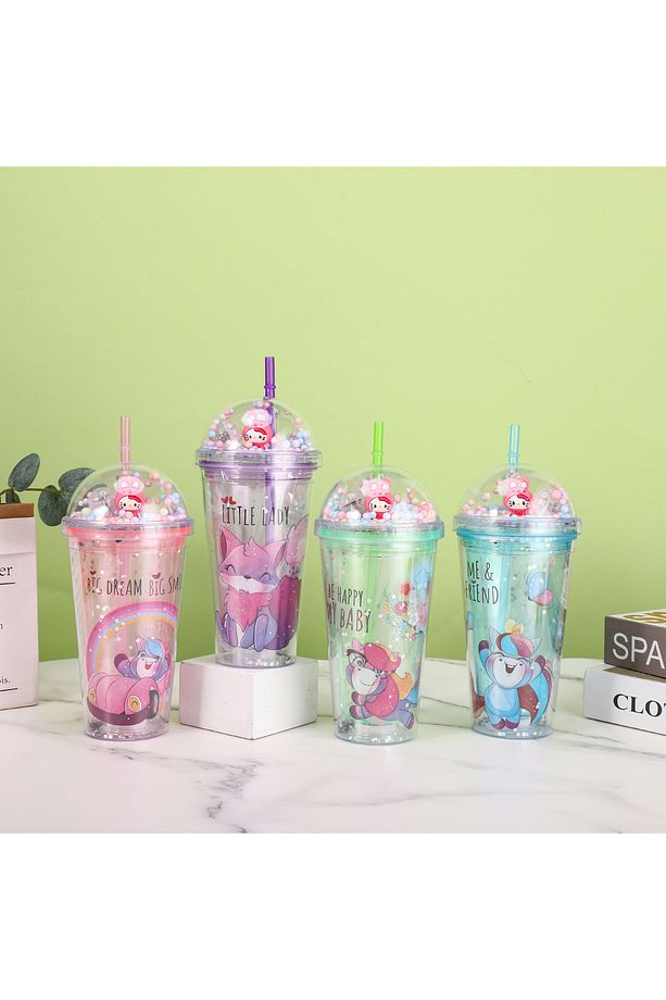Sevimli Işıklı ve Pipetli Bardak, 450 ml, Pullu ve Kapaklı, Pembe, 20x8 - 3