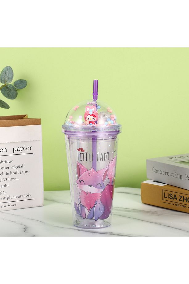 Sevimli Işıklı ve Pipetli Bardak, 450 ml, Pullu ve Kapaklı, Mor, 20x8 - 1
