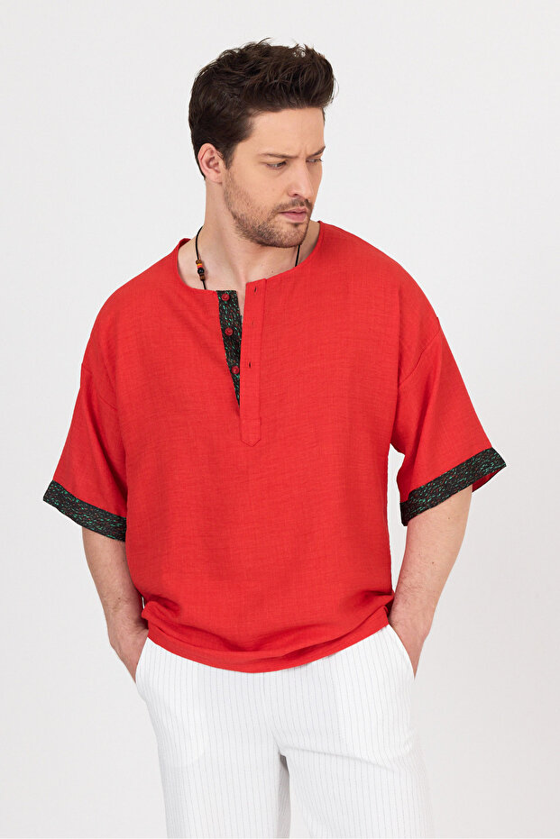 Wide Collar Half Button Ethnic Patterned Shirt - 7