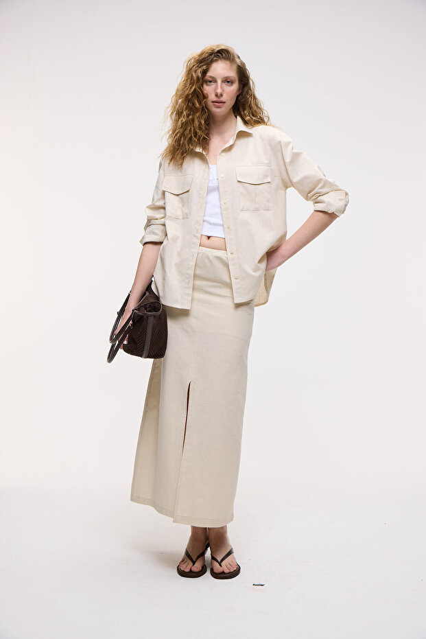 Ivern women's &100 cotton side Slit comfortable cut beige skirt