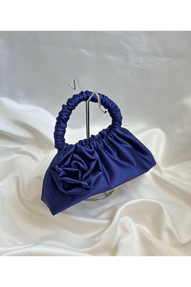 Navy Blue Satin Rose Portfolio Evening Dress Handbag