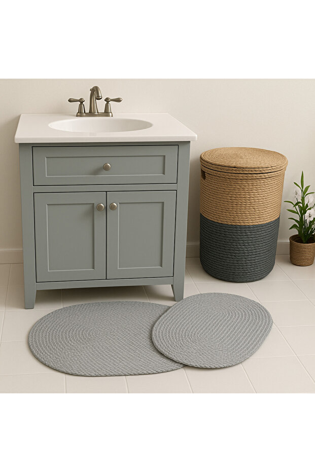 Natural Knitted Oval Bath Mat Set – Set of 2 Handmade Cotton Mats