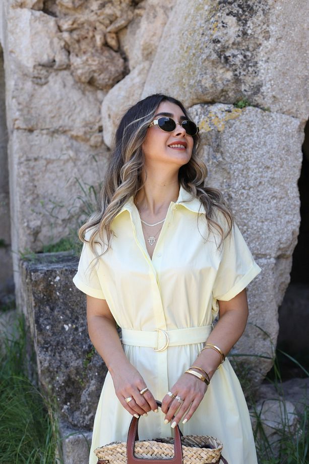 Sarı Poplin Kumaş Kuşaklı Gömlek Elbise - 3