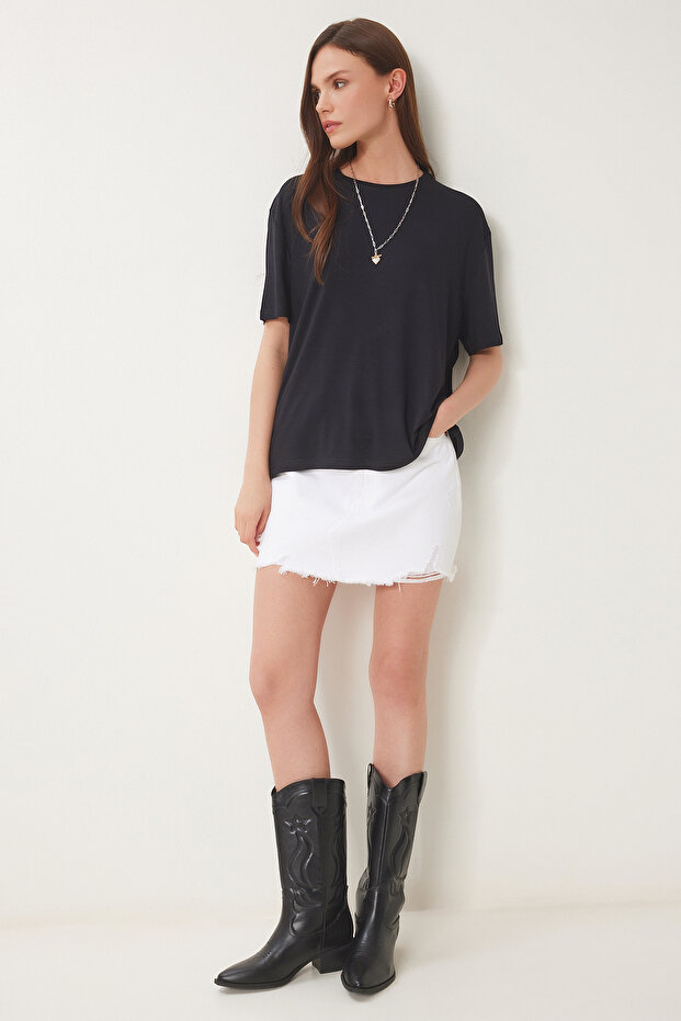 Women's Black Basic Knitted T-Shirt En00642