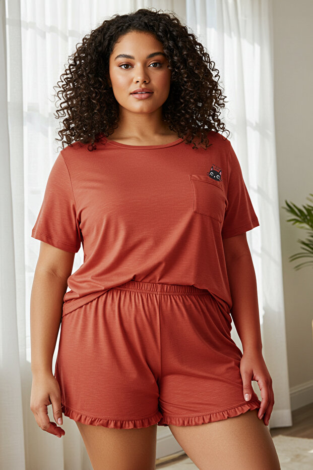 Kiremit Kedi Baskılı Örme Pijama Takımı TBBSS24AI00035 - 1