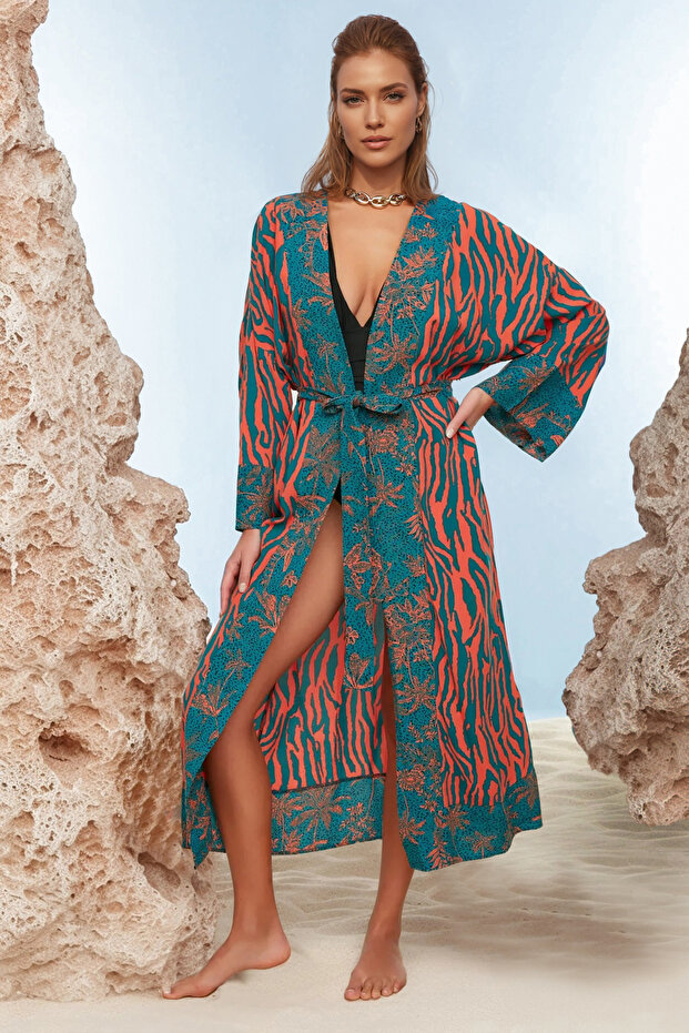Zebra Desenli Dokuma Maxi Plaj Kuşaklı Kimono&Kaftan TBESS21KM0171 - 1