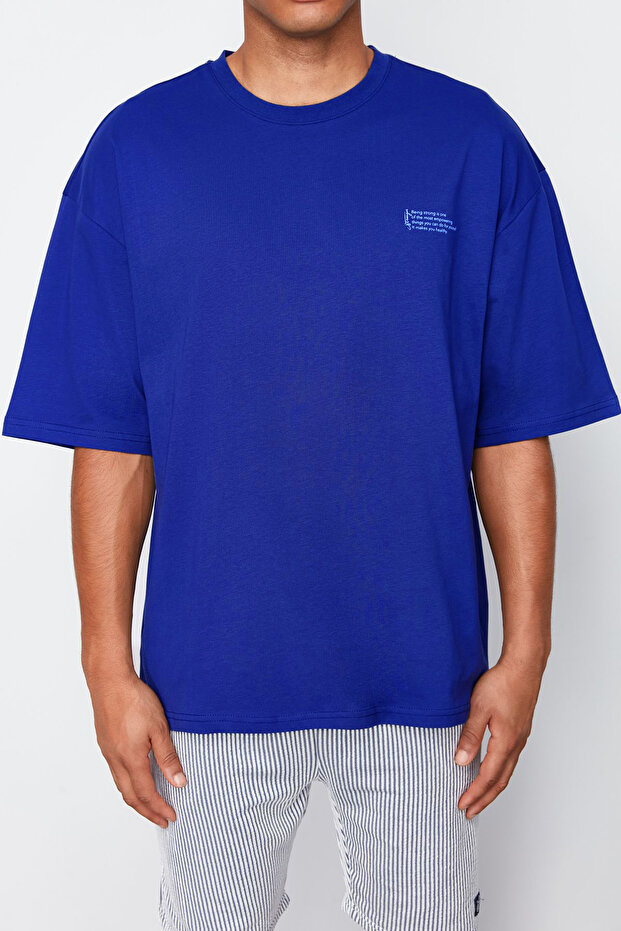 Saks Oversize %100 Pamuklu Bisiklet Yaka Minimal Yazı Baskılı Tok Kumaş T-shirt TMNSS23TS00084 - 4