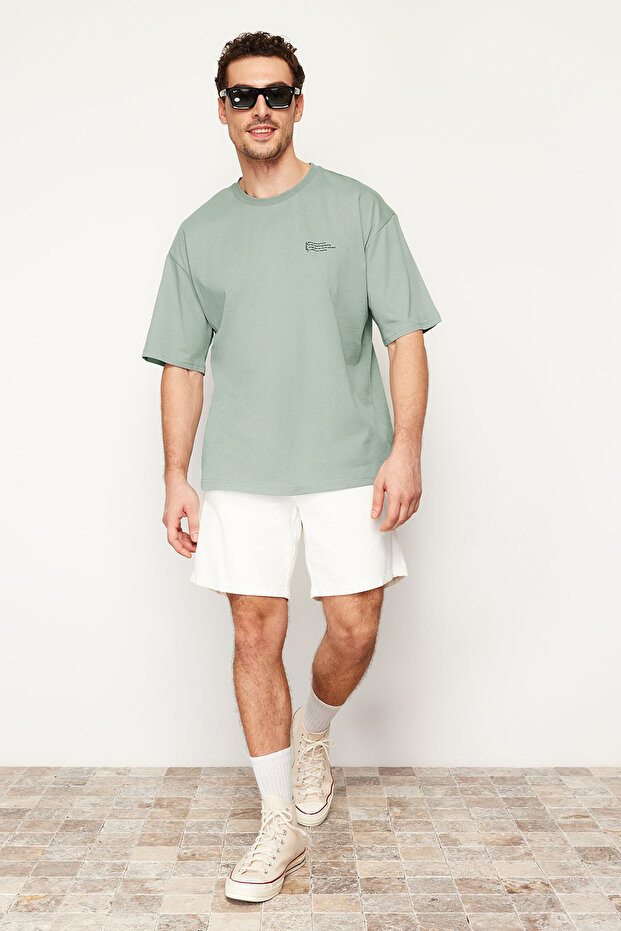 Koyu Mint Oversize %100 Pamuklu Bisiklet Yaka Minimal Yazı Baskılı Tok Kumaş T-shirt TMNSS23TS00084 - 1