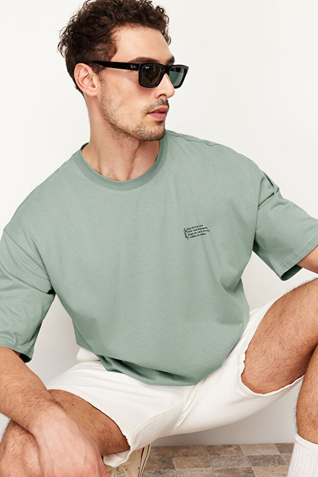 Koyu Mint Oversize %100 Pamuklu Bisiklet Yaka Minimal Yazı Baskılı Tok Kumaş T-shirt TMNSS23TS00084 - 3