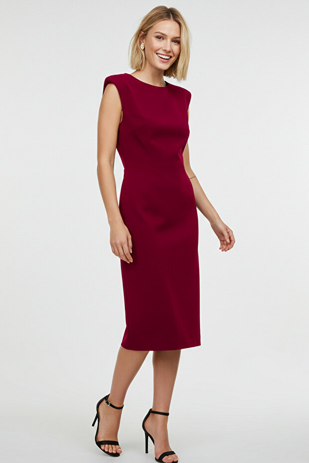 Bordo Fitted/Vücuda Oturan Vatkalı Esnek Midi Örme Elbise TWOSS25EL00113 - 2