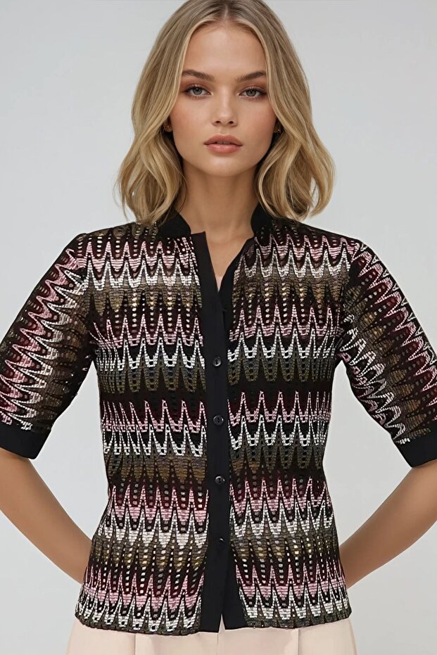 Women's Khaki Judge Collar Woven Cuffed Openwork Short Sleeve Guipure Shirt Alc-X13550