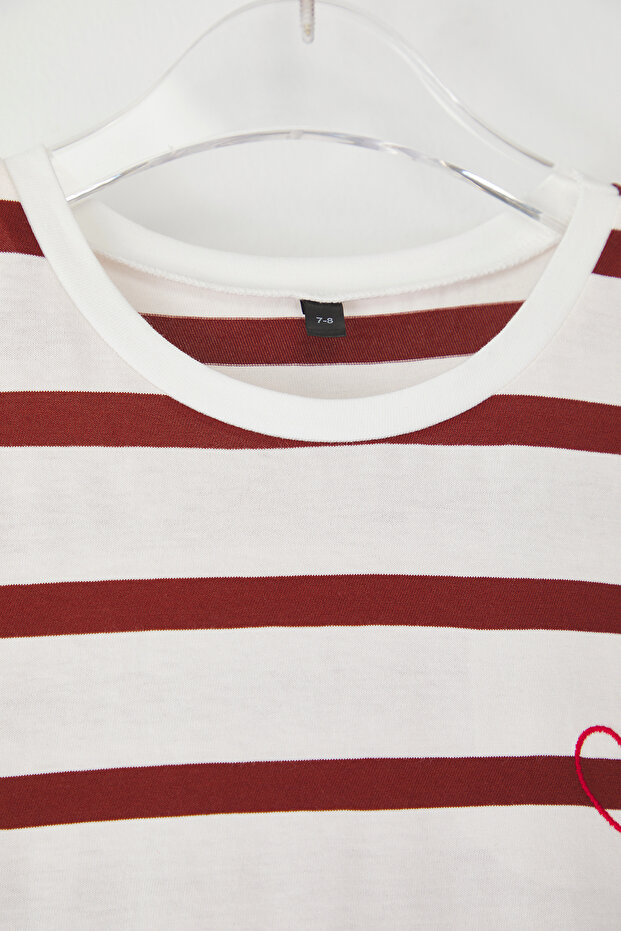 Turuncu Kız Çocuk %100 Pamuk Çizgili Kısa Kol Örme T-Shirt TKDSS25TS00103 - 4